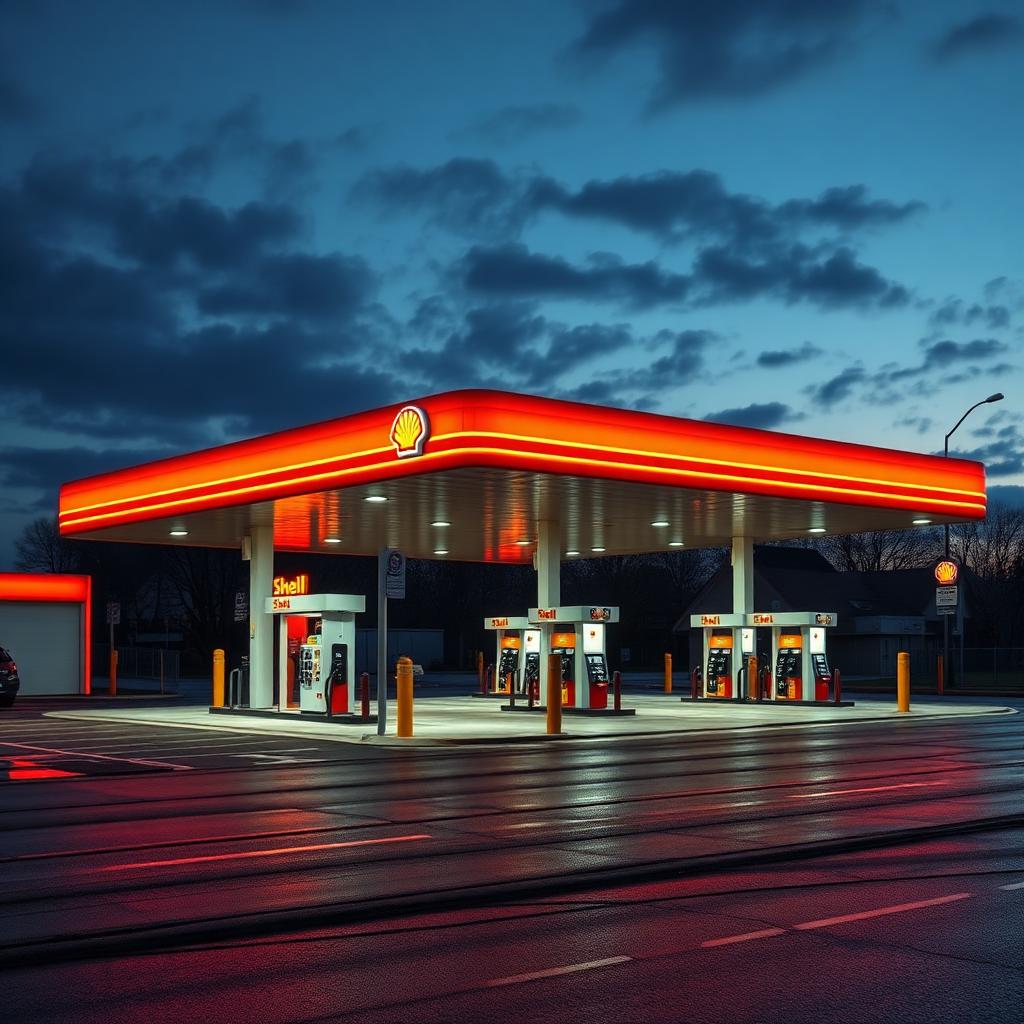 Shell gas station on Holman Rd NW in Seattle at dusk